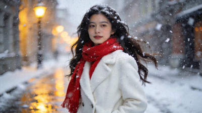 都市爱情剧雪花飘女主角在雪中漫步的唯美镜头