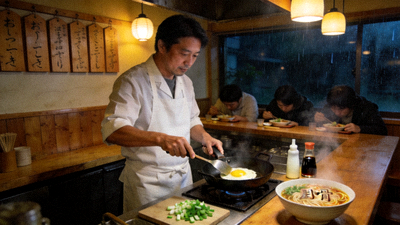 日剧深夜食堂中老板在温馨小店里烹饪食物的温暖画面